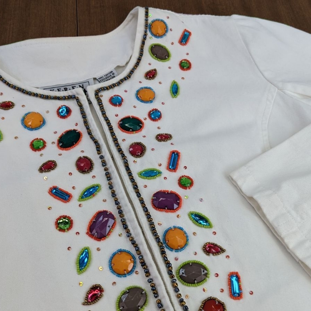 Vintage Keren Hart JEWELED Jacket Beaded Coat Women's MEDIUM Pockets Hook & Eye